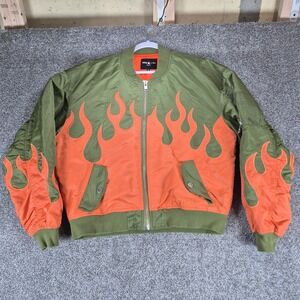 Teddy Fresh Bomber Jacket Mens XL Green Orange Flame‎ Print Streetwear